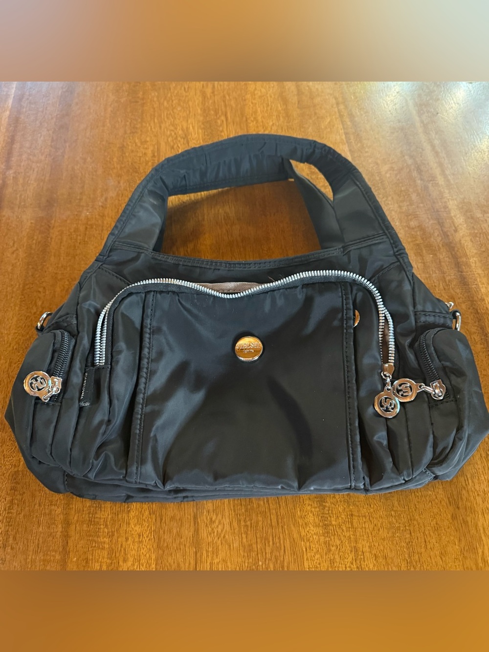 Black JieOl Shi Nylon Multi-Pocket Travel Shoulder Bag